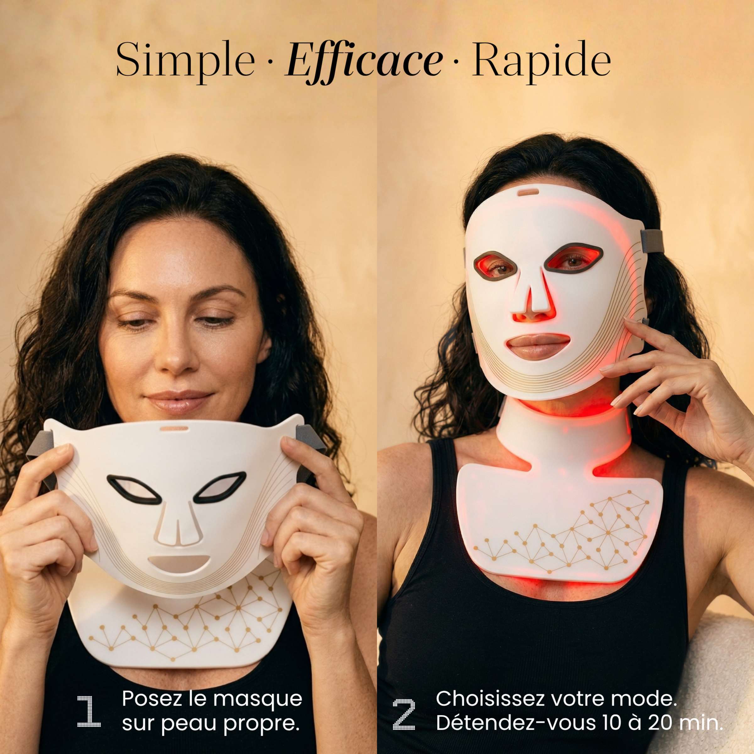 Utilisation du Masque LED intégral Auréa™ en 2 étapes : posez le masque sur peau propre, puis détendez-vous 10 à 20 minutes