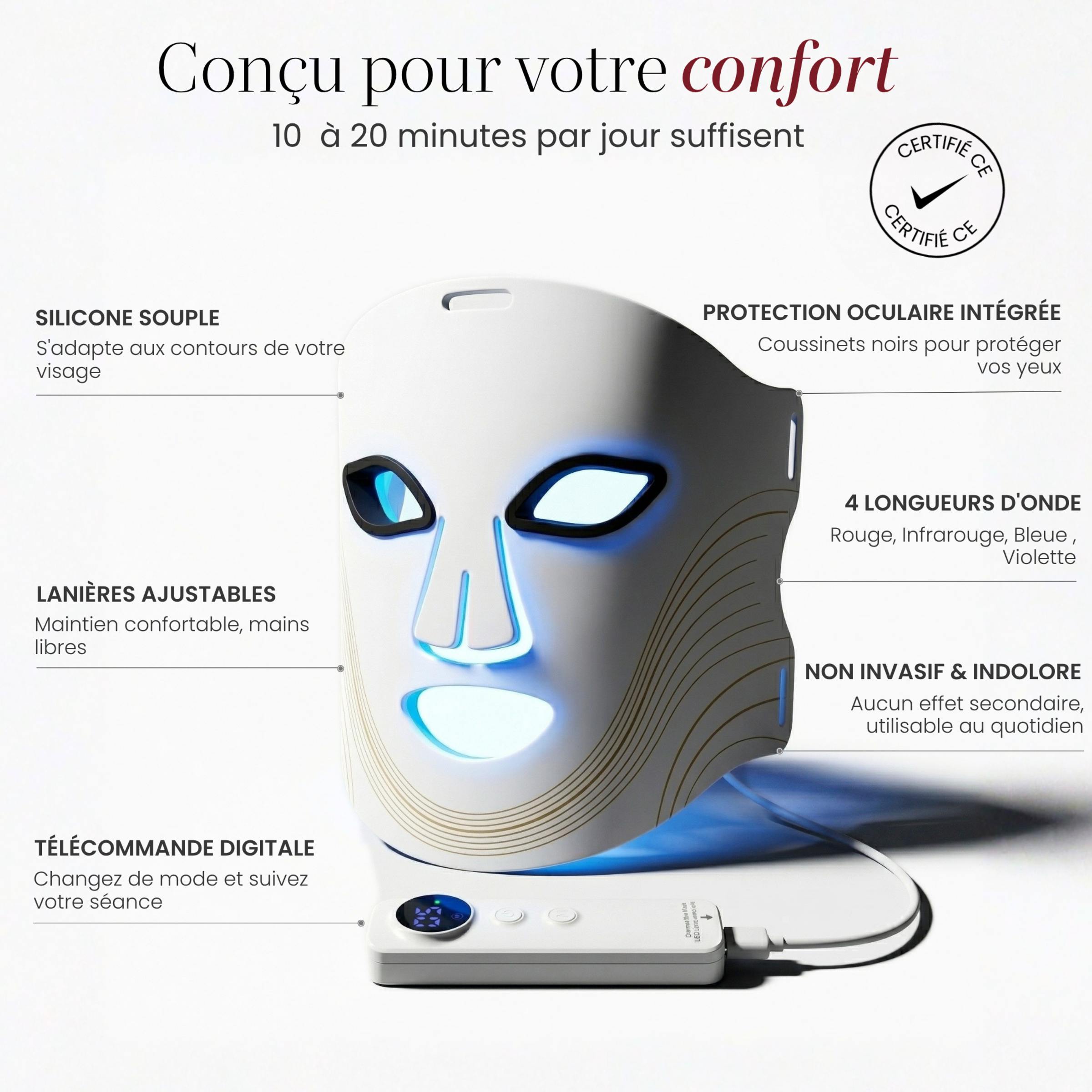 Caractéristiques du Masque LED visage Auréa™ : silicone souple, protection oculaire, 4 longueurs d'onde, télécommande, languettes ajustables