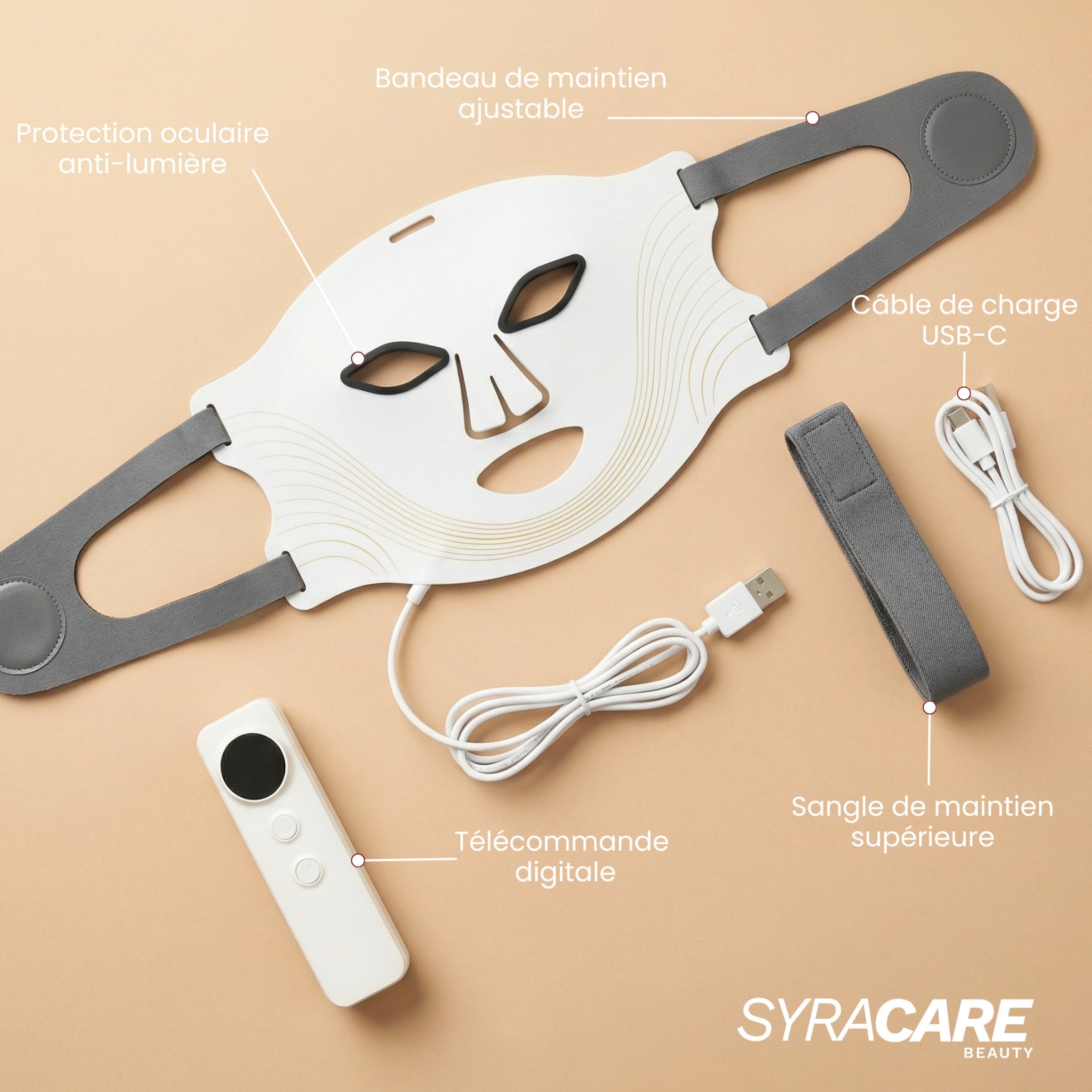 Contenu du coffret Masque LED visage Auréa™ : masque, télécommande, câble USB-C, bandeau et sangle de maintien