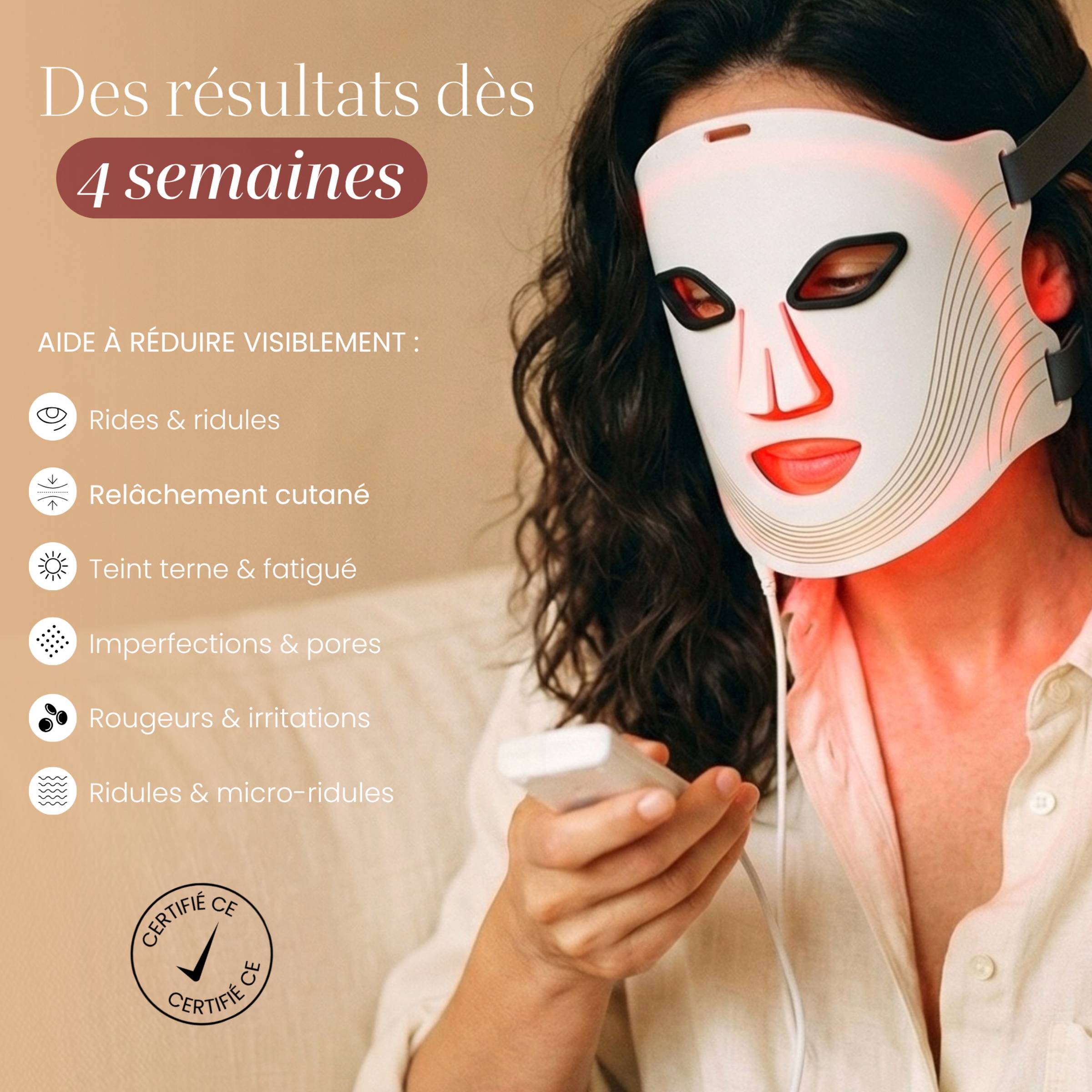 Masque LED visage Auréa™ porté avec télécommande : aide à réduire rides, relâchement, teint terne et imperfections dès 4 semaines