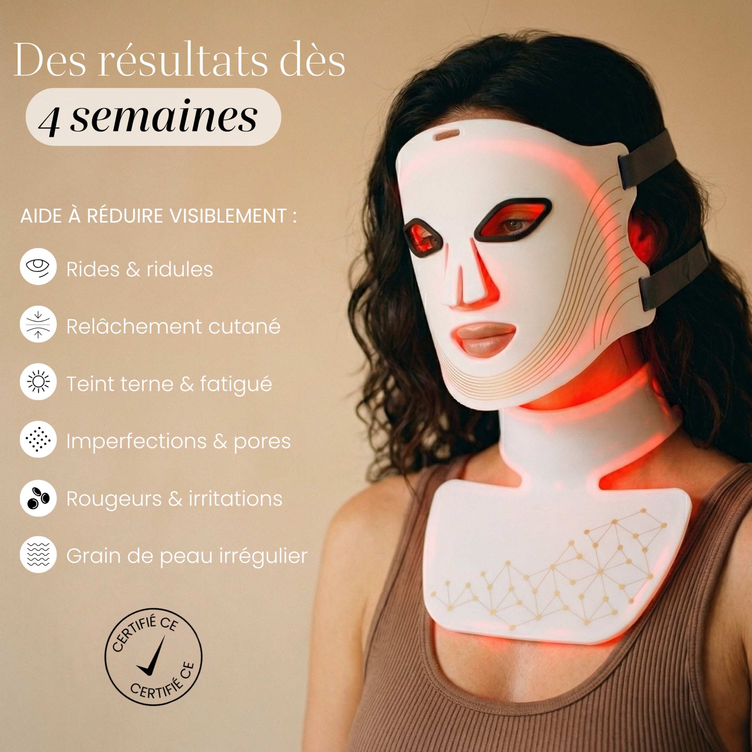 Masque LED intégral Auréa™ porté sur visage et cou : aide à réduire rides, relâchement et teint terne dès 4 semaines, certifié CE