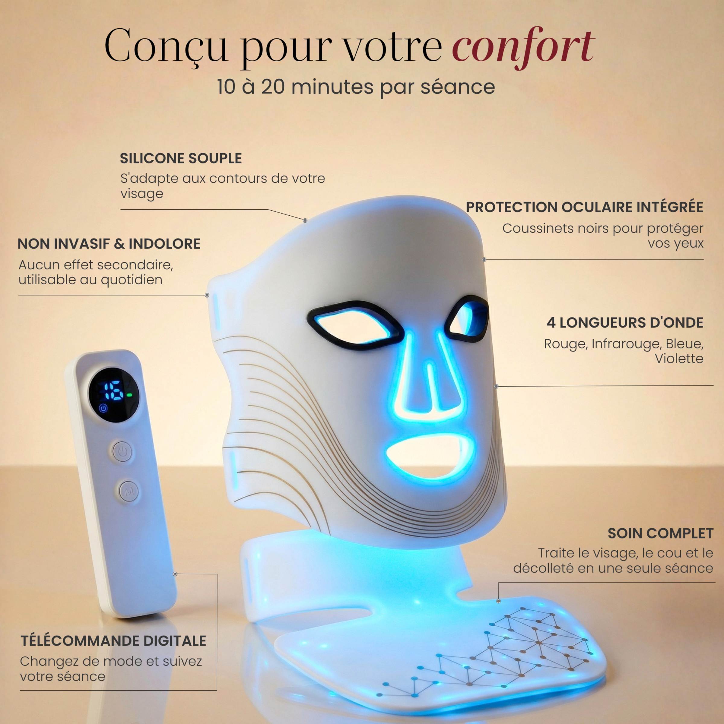 Caractéristiques du Masque LED intégral Auréa™ : silicone souple, protection oculaire, 4 longueurs d'onde, télécommande, soin complet visage cou décolleté