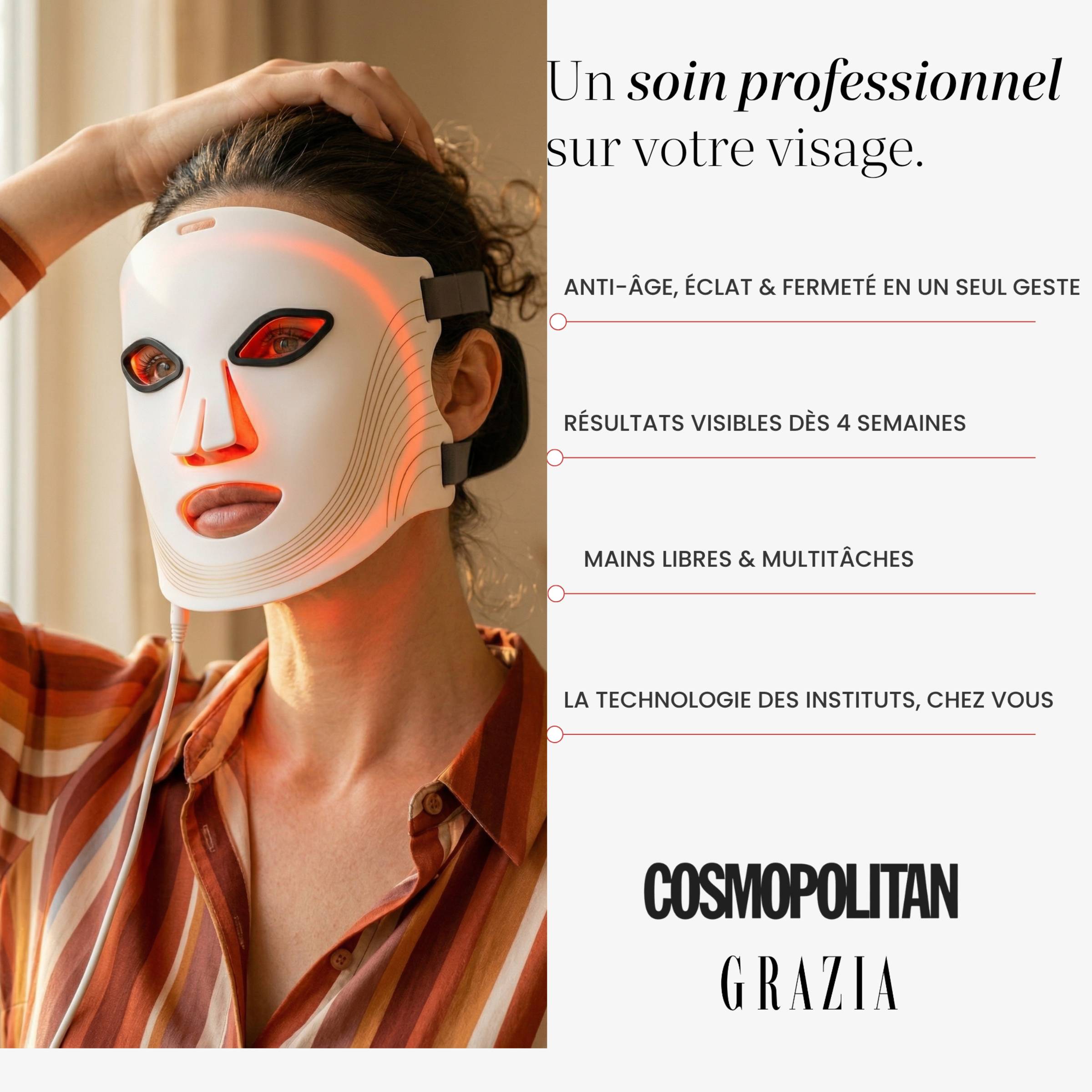 Masque LED visage Auréa™ porté : soin anti-âge, éclat et fermeté en un seul geste, la technologie des instituts à domicile