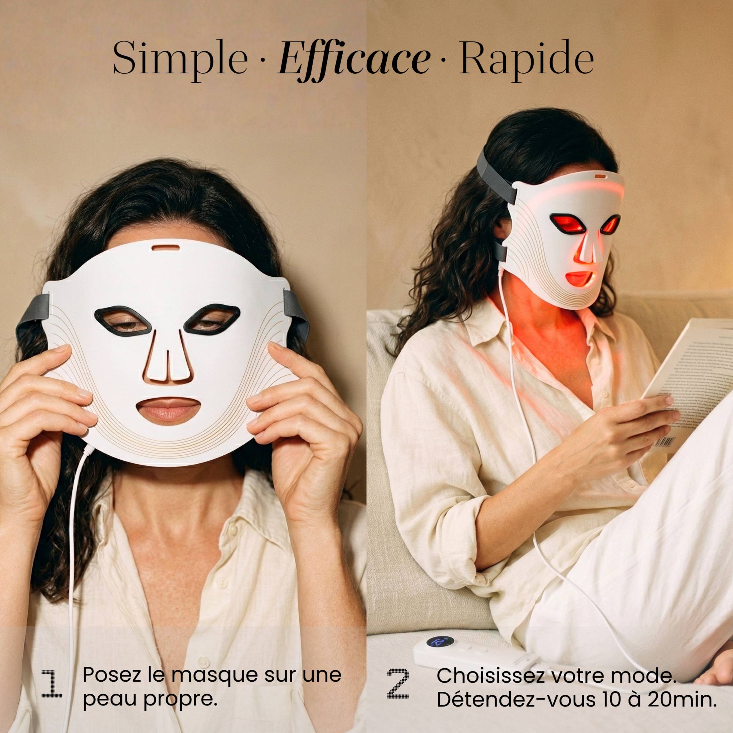 Utilisation du Masque LED visage Auréa™ en 2 étapes : posez le masque sur peau propre, puis détendez-vous 10 à 20 minutes