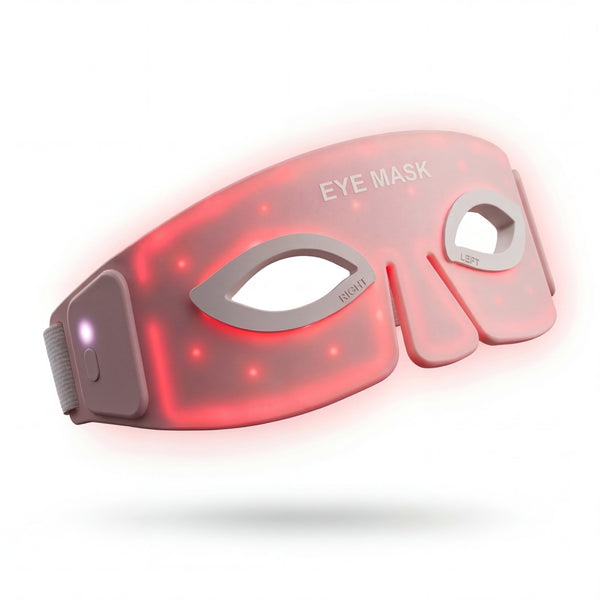 Masque LED yeux Auréa™ en silicone rose, lumière rouge allumée, sur fond blanc