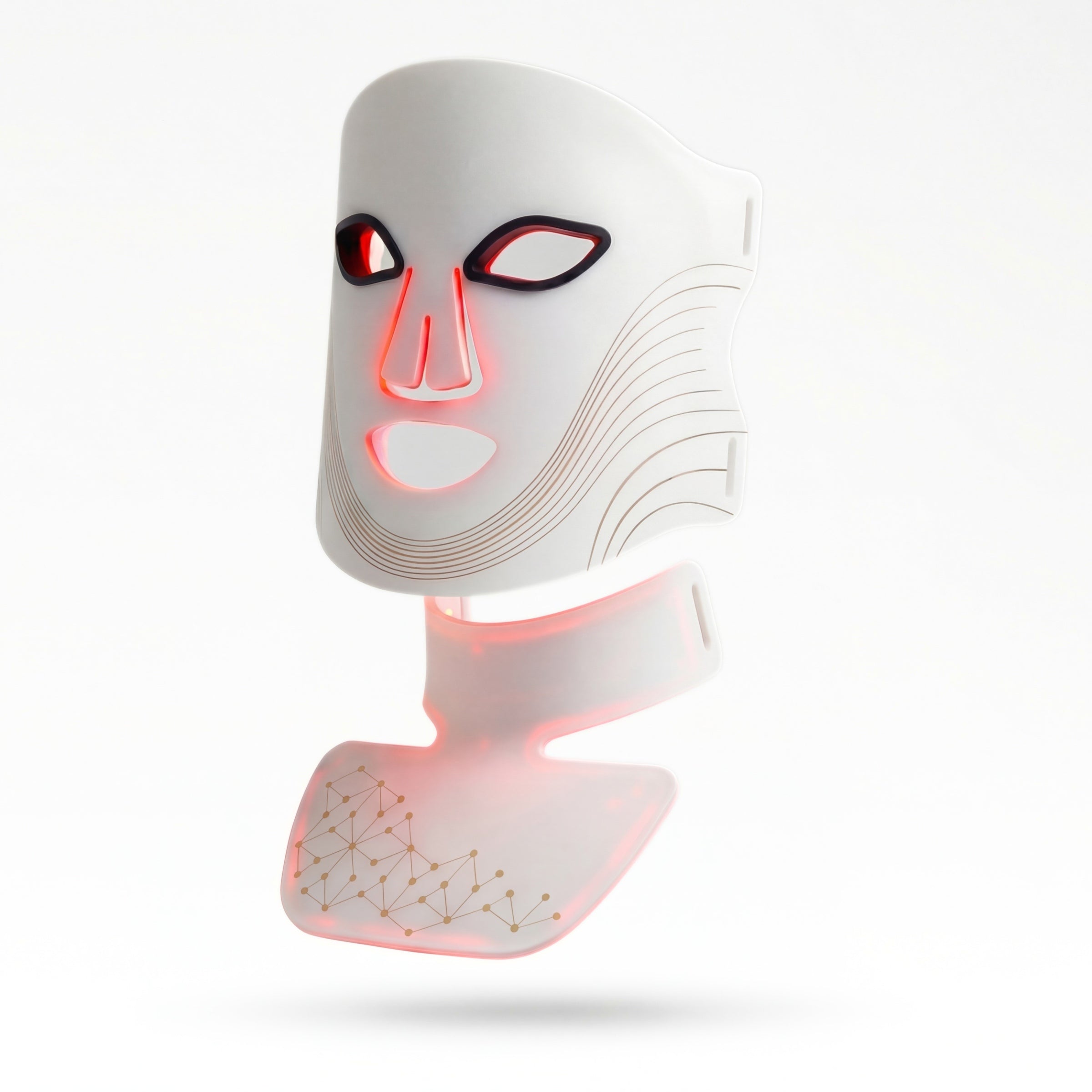 Masque LED intégral Auréa™ avec extension cou et décolleté en silicone, lumière rouge, sur fond blanc