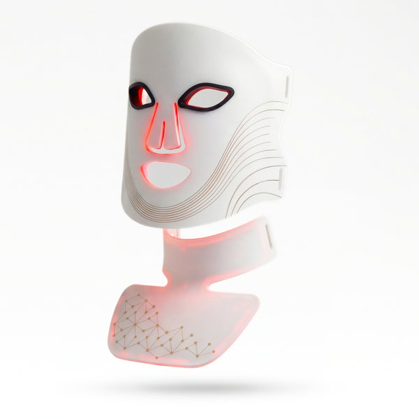 Masque LED intégral Auréa™ avec extension cou et décolleté en silicone, lumière rouge, sur fond blanc