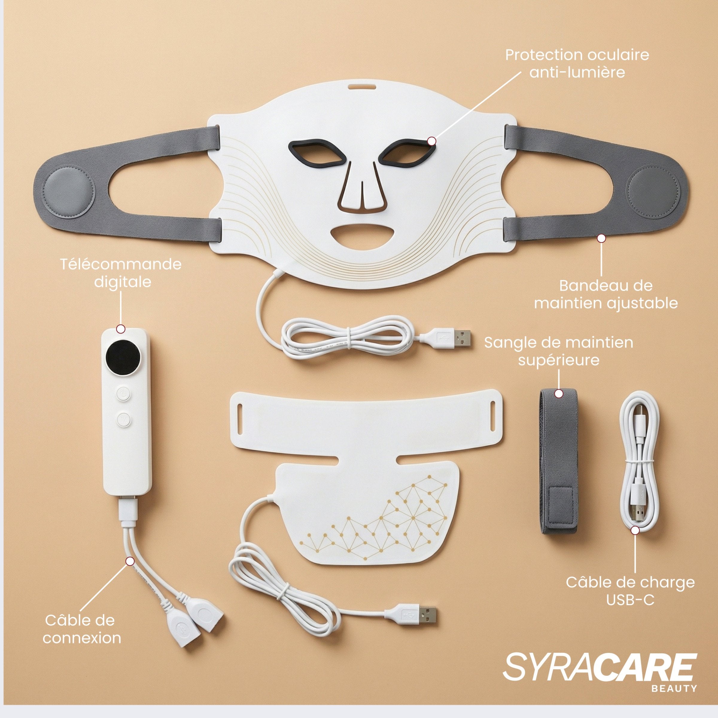 Contenu du coffret Masque LED intégral Auréa™ : masque visage, extension cou et décolleté, télécommande, câbles USB-C et sangles