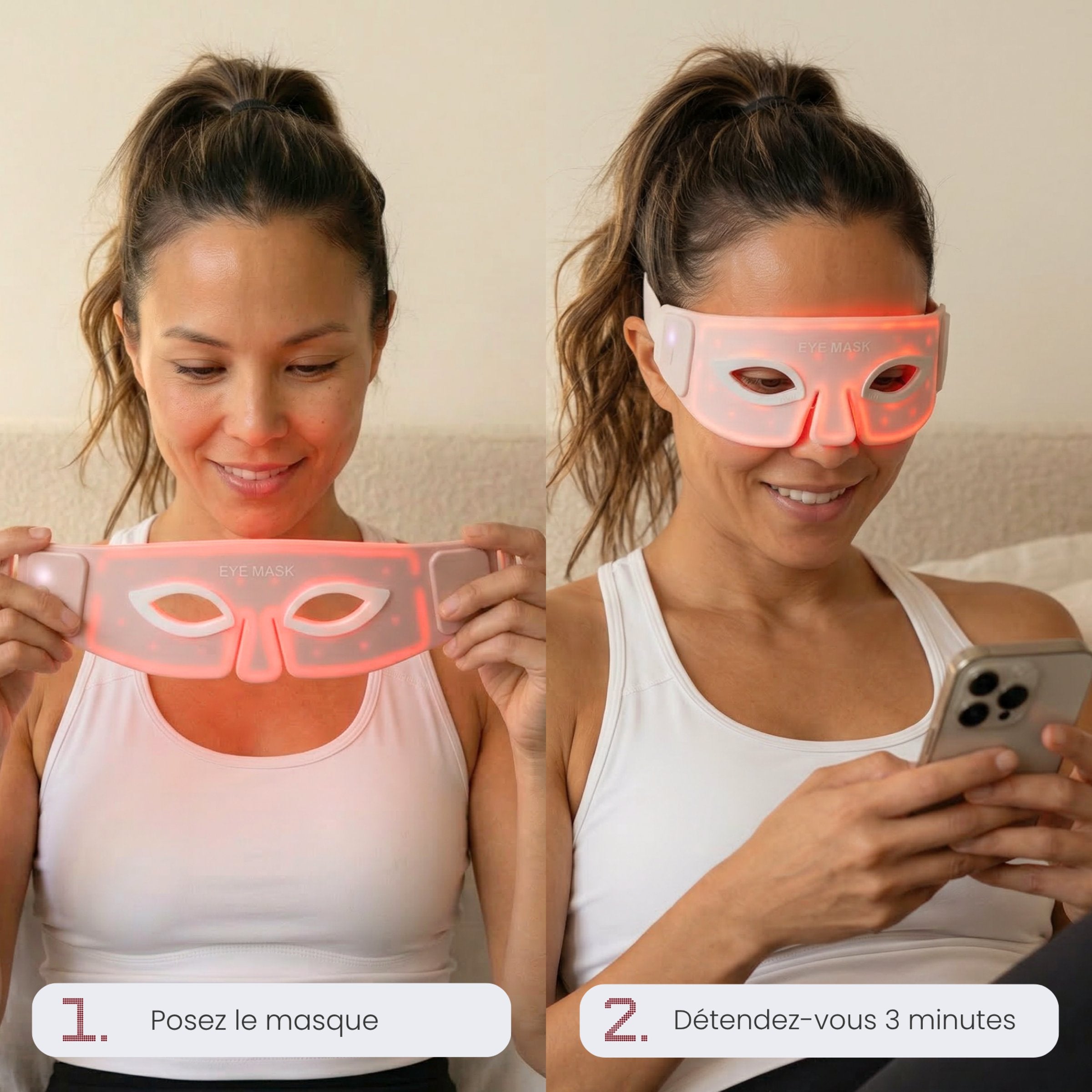 Utilisation du Masque LED yeux Auréa™ en 2 étapes : posez le masque, puis détendez-vous 3 minutes