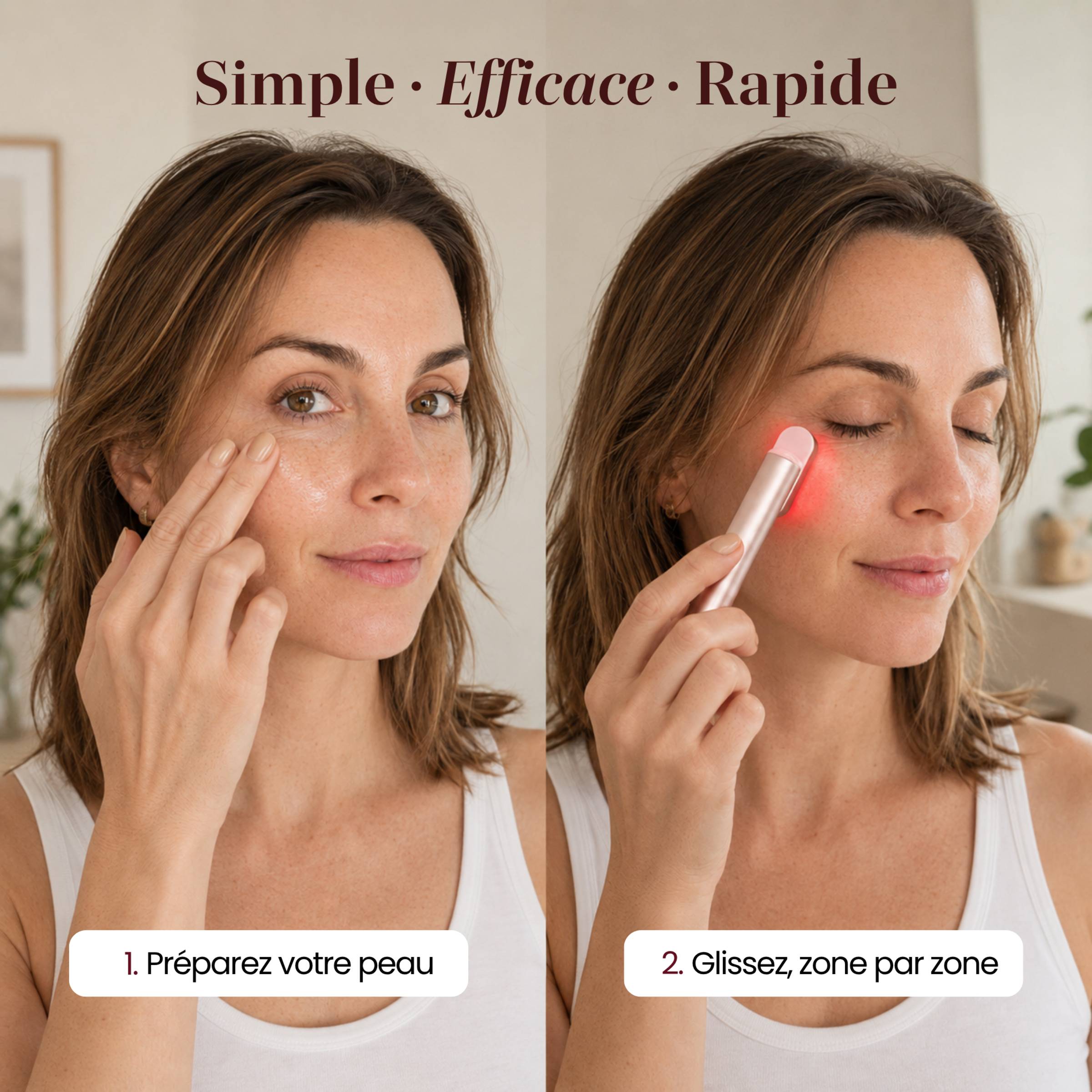 Utilisation du Soin LED Précision Auréa™ en 2 étapes : préparez la peau puis glissez l'appareil zone par zone