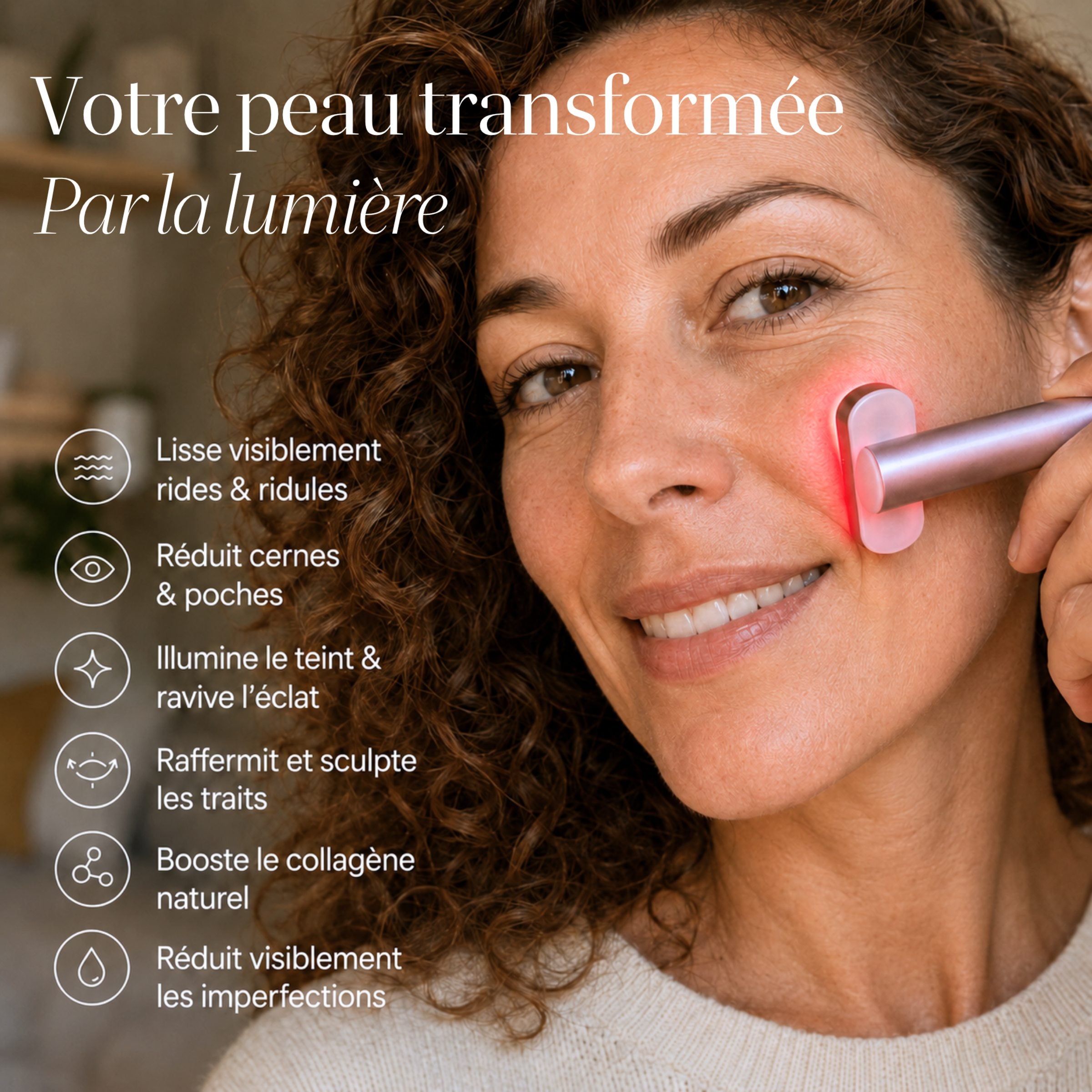 Soin LED Précision Auréa™ appliqué sur la joue : lisse les rides, réduit cernes et poches, ravive l'éclat