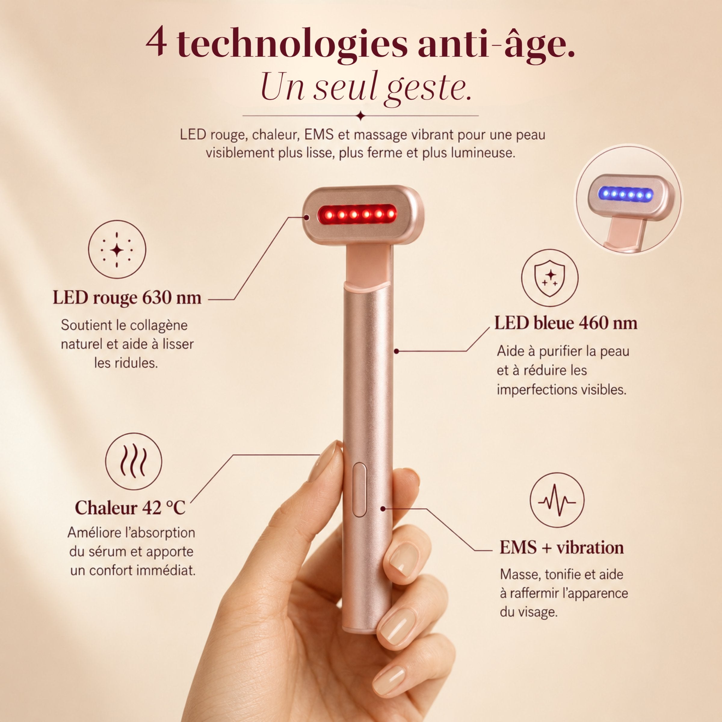 Les 4 technologies du Soin LED Précision Auréa™ : LED rouge 630 nm, LED bleue 460 nm, chaleur 42 °C, EMS et vibration